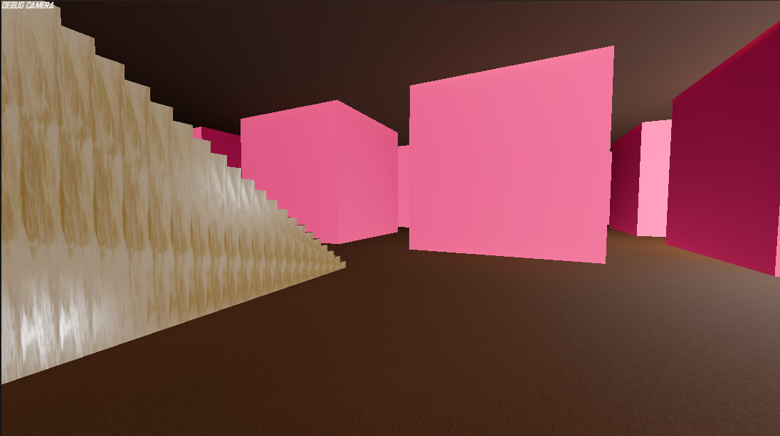 Inside of floor with a staircase and pink cubes representing spots on a grid