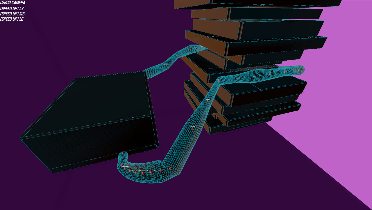 Debug camera view of a stack of rectangular floors with tunnels going between them